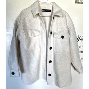Zara Womens Textured Boucle Oversized Shirt Jacket Shacket Cream XS Minimalist